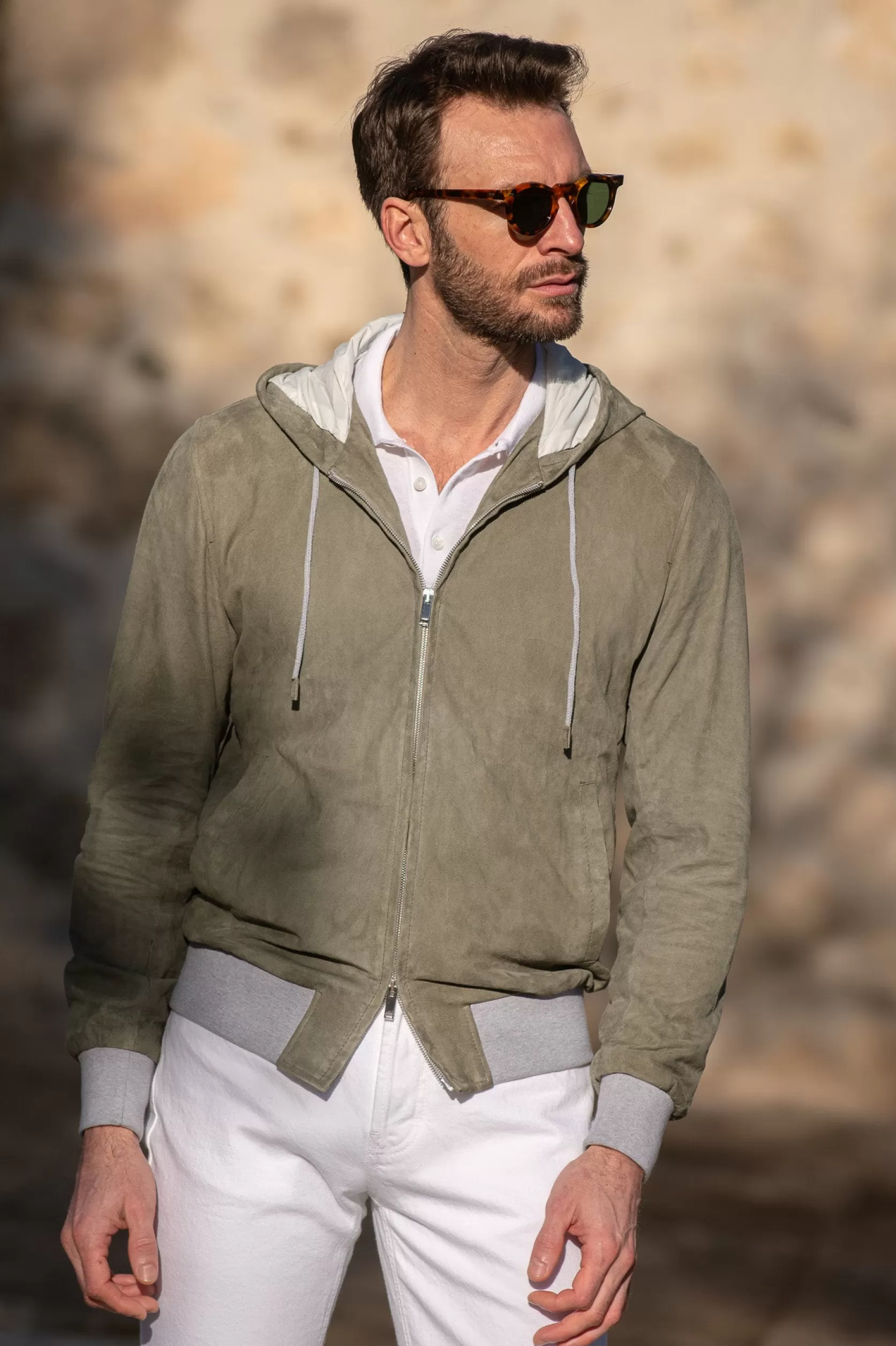 Blouson Aviateur à Capuche En Daim Sauge – Made In Italy>Pini Parma Clearance