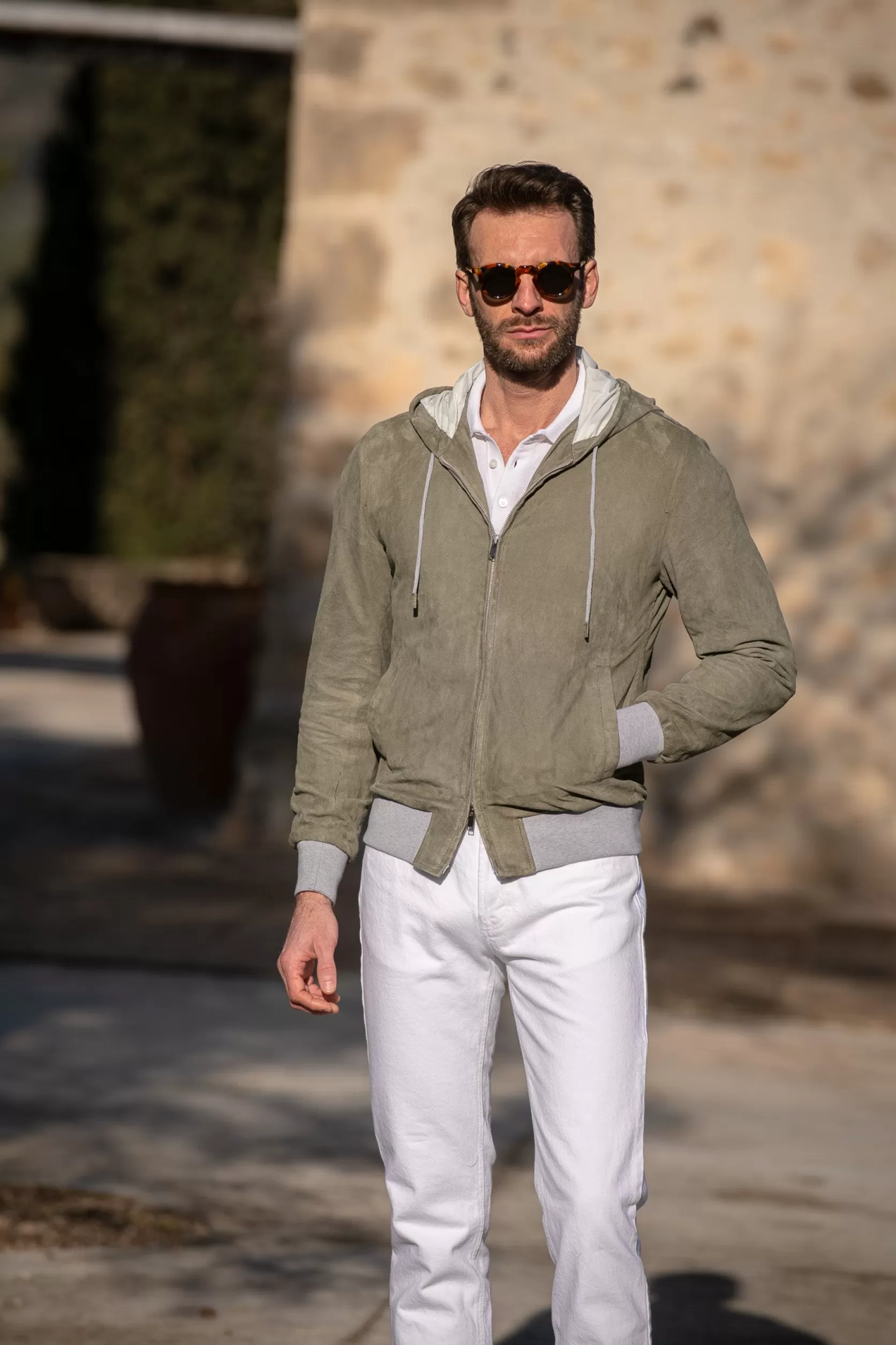 Blouson Aviateur à Capuche En Daim Sauge – Made In Italy>Pini Parma Clearance