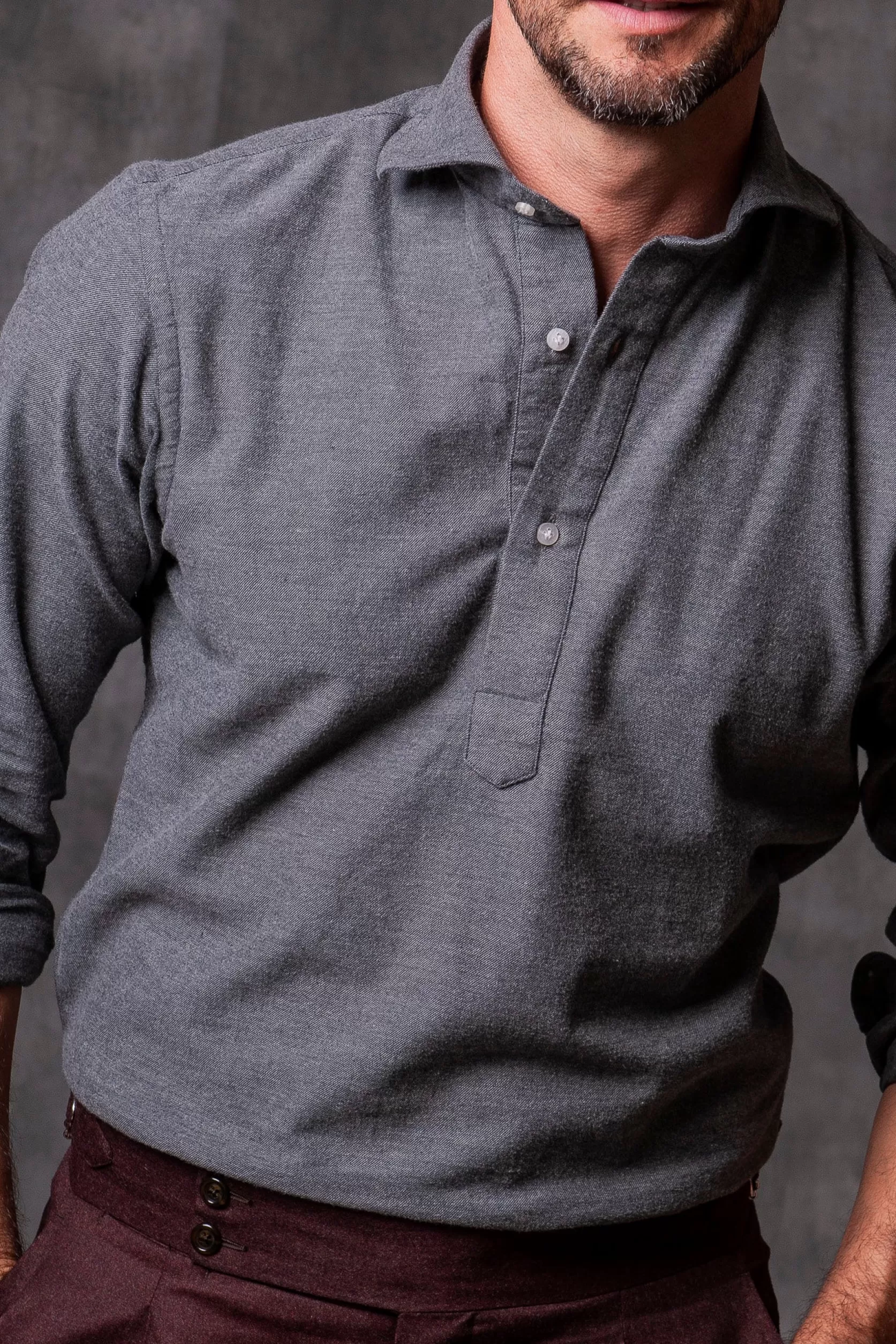 Chemise Popover Grise - Toucher Flanelle - Made In Italy>Pini Parma Store