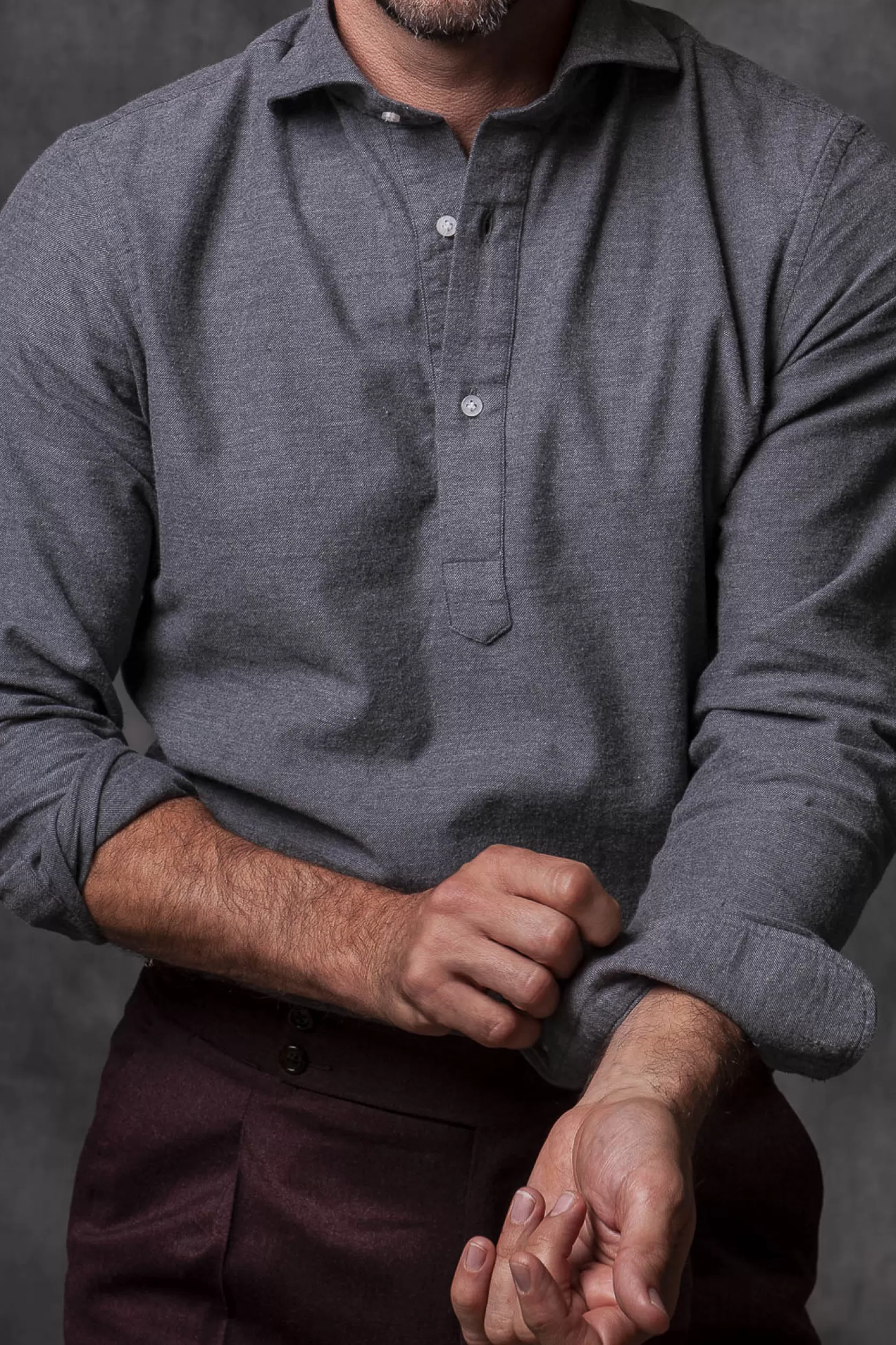 Chemise Popover Grise - Toucher Flanelle - Made In Italy>Pini Parma Store