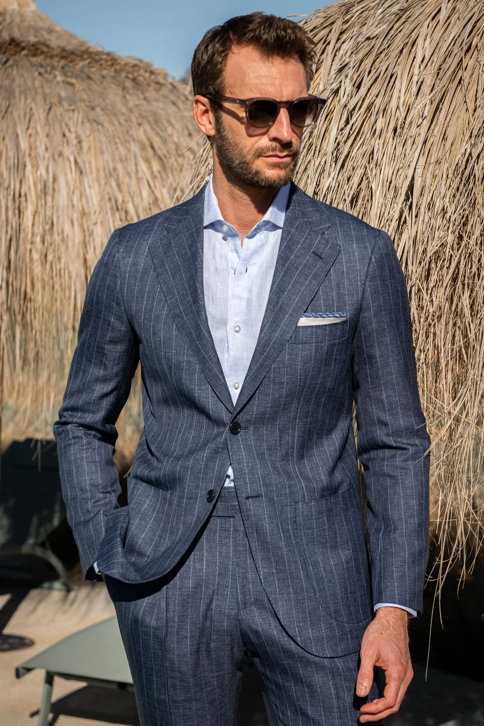 Costume En Laine à Rayures Denim - Made In Italy>Pini Parma New