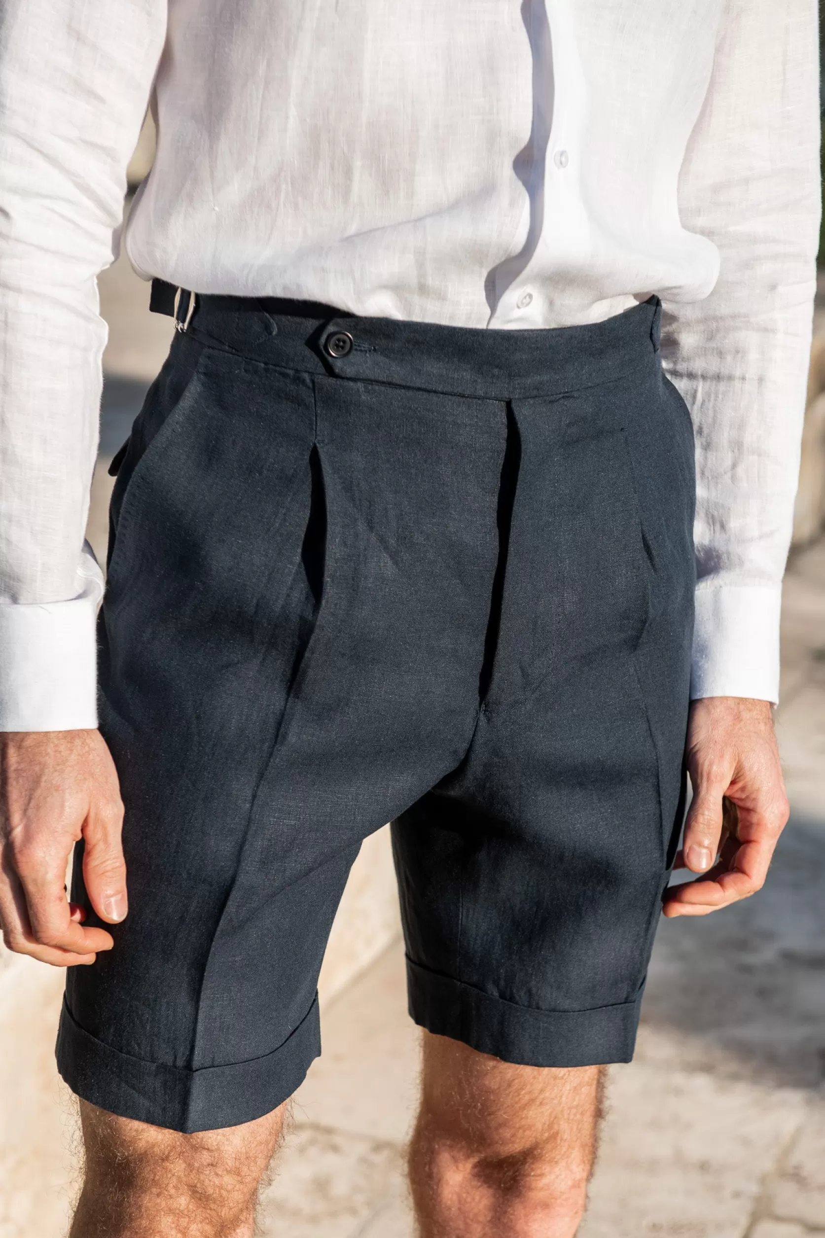 Short En Lin Bleu Marine - Made In Italy>Pini Parma Discount