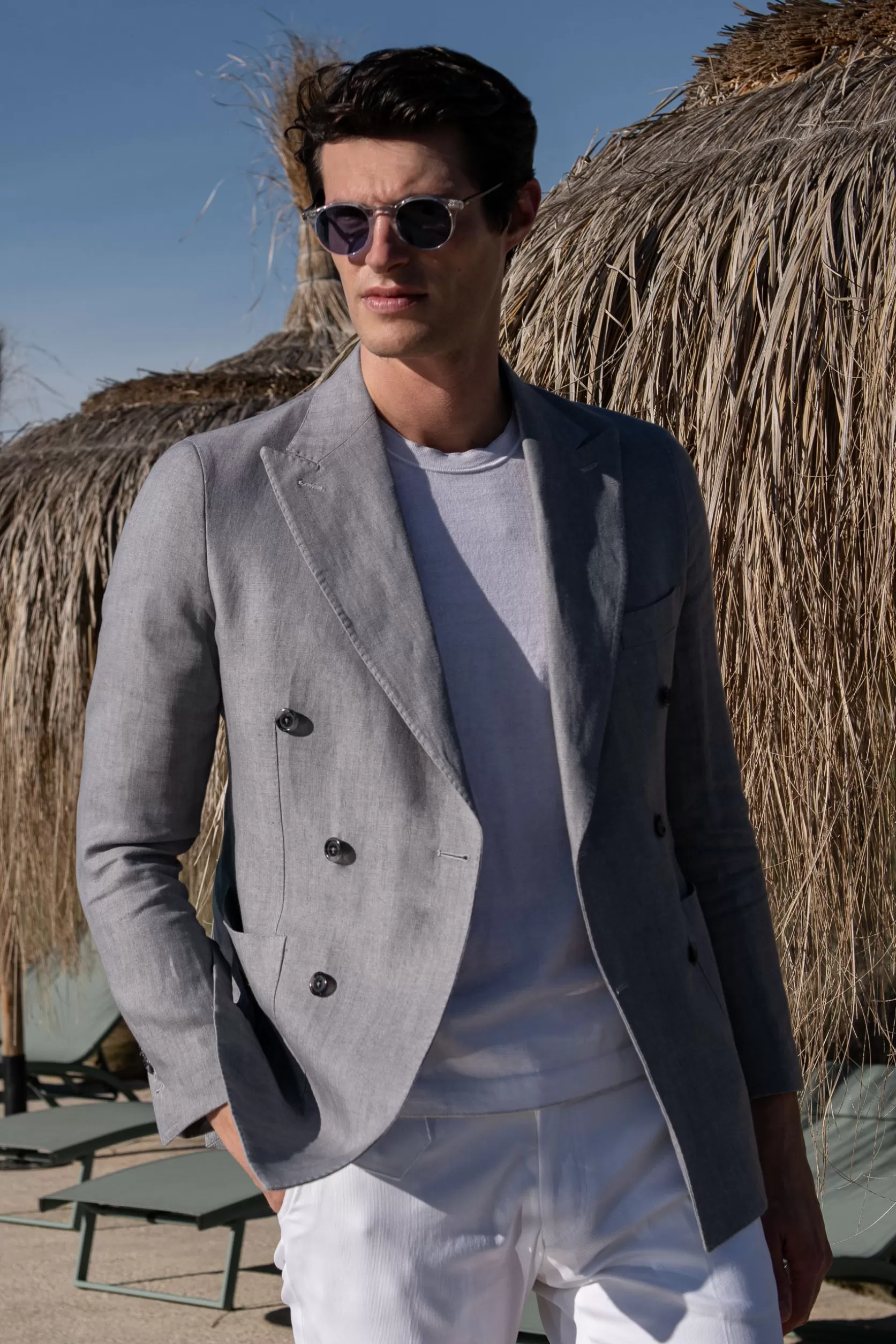 Veste Croisée En Lin à Chevrons Gris Ciel - Made In Italy>Pini Parma Clearance